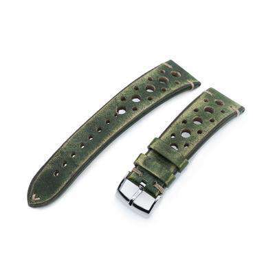 Strapcode Leather Watch Strap 20mm or 22mm MiLTAT Italian Handmade Racer Vintage Green Watch Strap, L. Brown Stitching