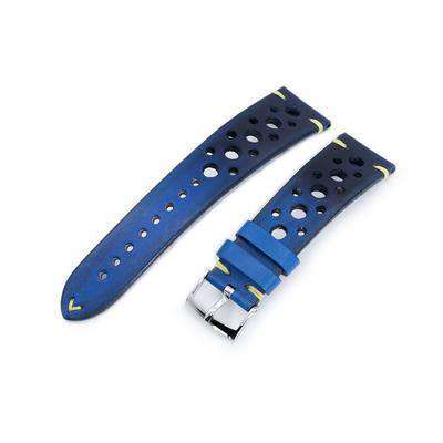 20mm or 22mm MiLTAT Italian Handmade Racer Vintage Jeans Blue Watch Strap, Yellow Stitching