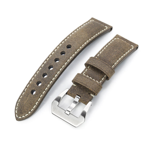 Strapcode Calf Leather Watch Strap MiLTAT 21mm, 22mmmm Genuine Olive Brown Distressed Leather Watch Strap Extra Soft, Beige Stitching