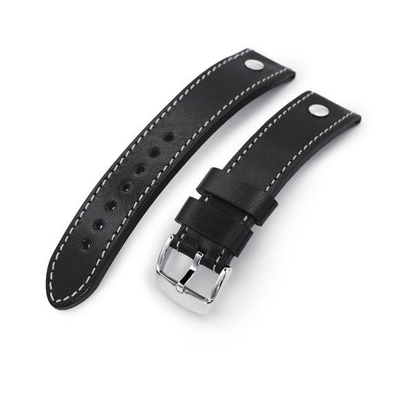 Strapcode Calf Leather Watch Strap German made 22mm Sturdy Semi-gloss Black Saddle Leather with Rivet Watch Band, Polished