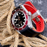 22mm Crafter Blue - Dual Color Red & Black Rubber Curved Lug Watch Strap for Tudor Black Bay M79230