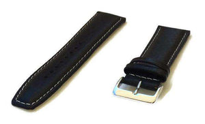 Buffalo Grain Watch Strap Black Padded White Stitched with Chrome Buckle