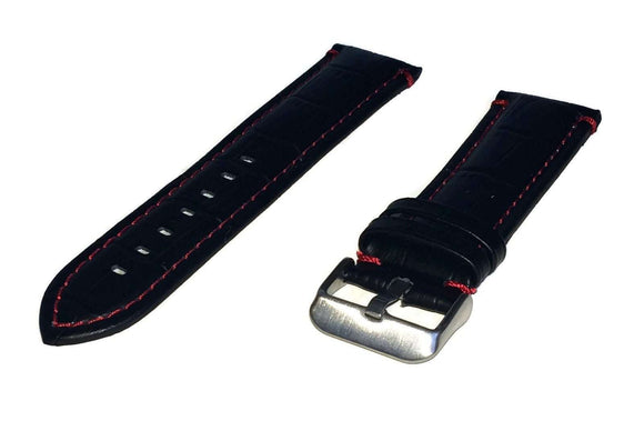 Premier Alligator Grain Watch Strap Padded Red Colour Stitched Black Calf Leather